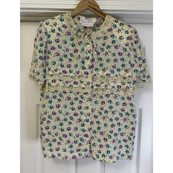 Miss O By Oscar De La Renta Floral 100% Silk Blouse Skirt Womens Size 10 Vintage